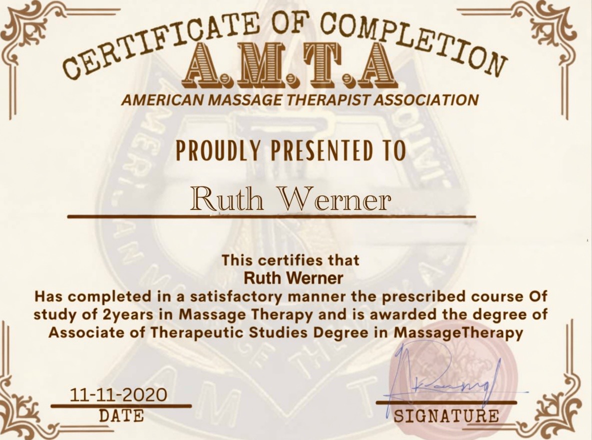 Certificate of Completion, American Massage Therapy Association, presented to Ruth Werner, dated 11-11-2020